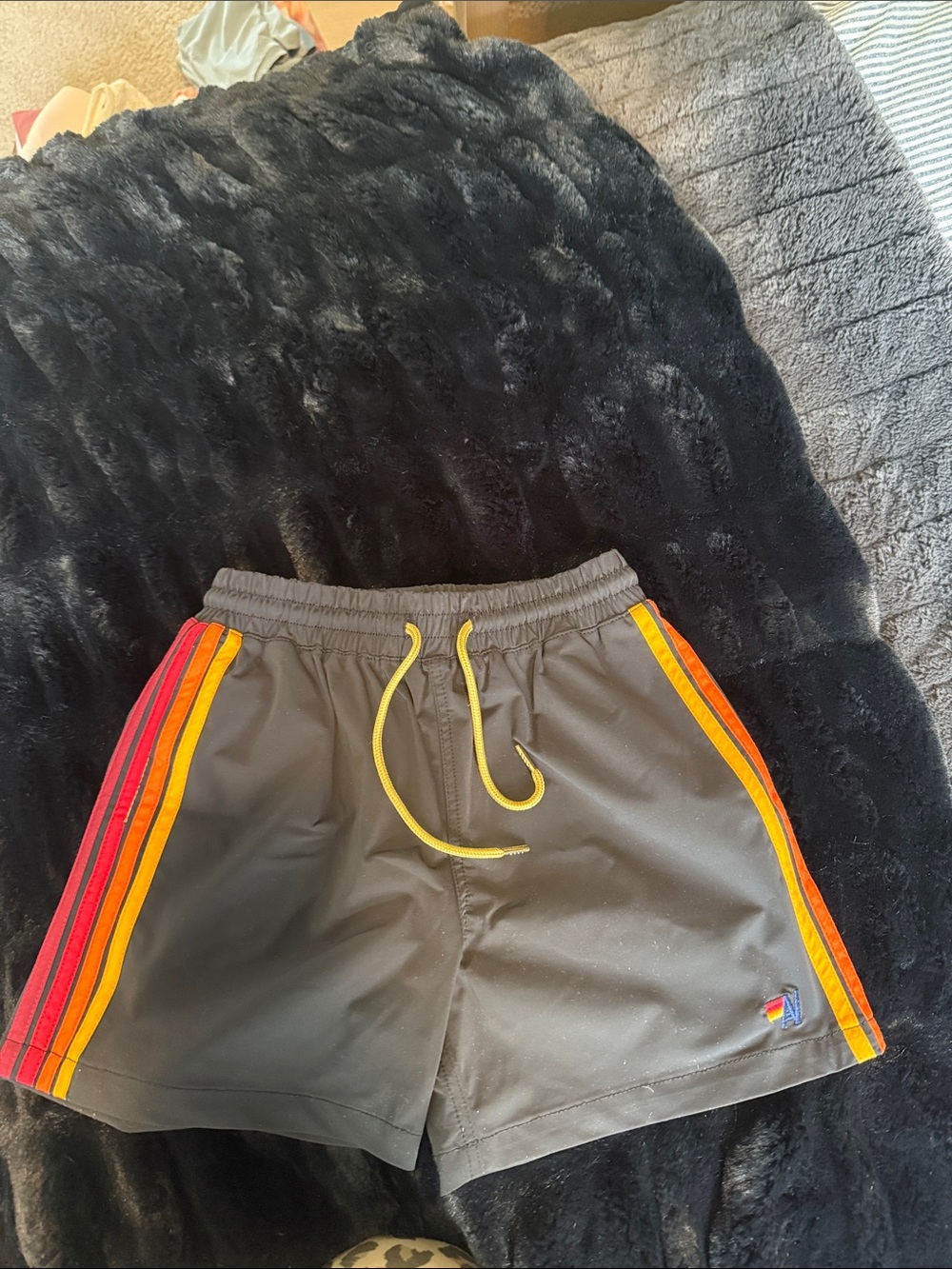 Aviator Nation Kids Swim Trunks Black with Red and Yellow Stripes